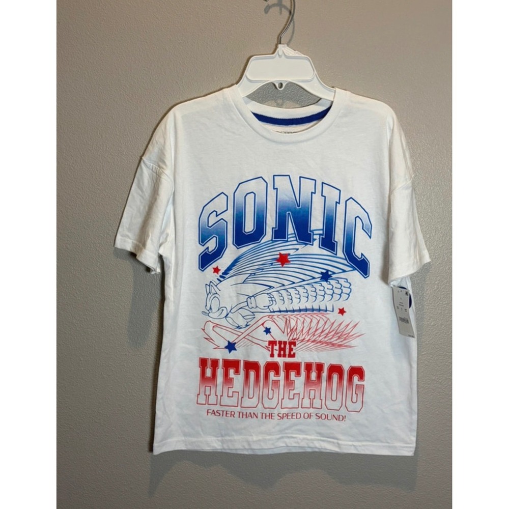 Sonic The Hedgehog Boys Graphic T-Shirt White Blue Red Size Large NWT Sega